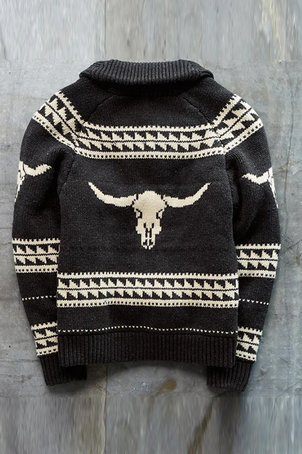 Retro winter autumn Black Jacquard Sweater Zipper Cardigan