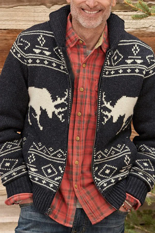 Black winter autumn Fawn Jacquard Long Sleeves Cardigan