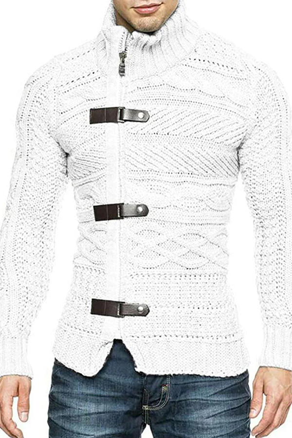 Men's Leather Button Long Sleeve Knit Cardigan Jacket