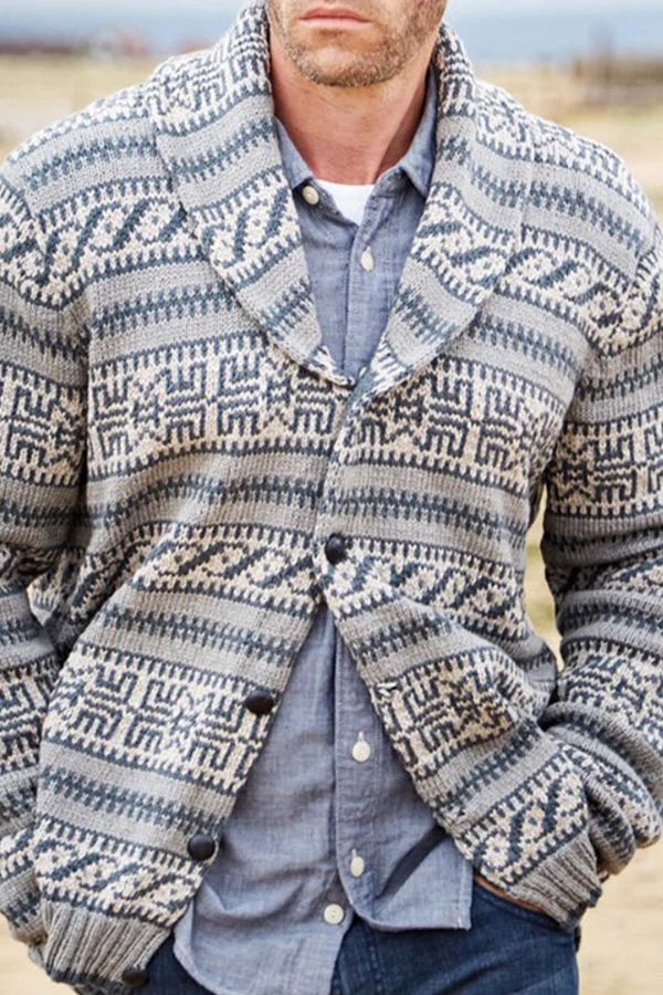 Men's autumn and winter thickened jacquard lapel knitted jacket