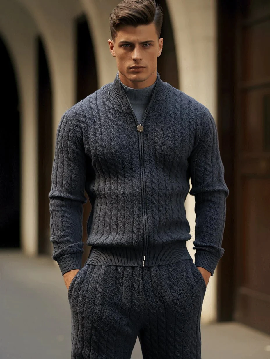 Men's Navy Blue Zipper Knitted