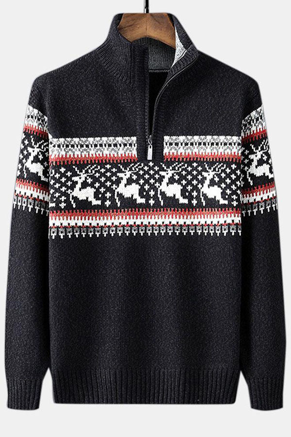 Christmas Moose Print Half Zip Sweater