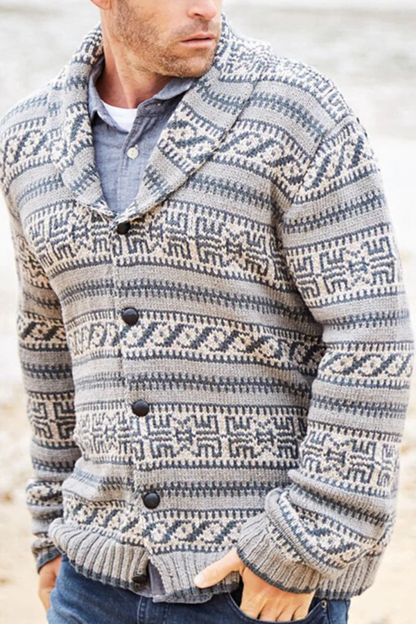 Men's autumn and winter thickened jacquard lapel knitted jacket