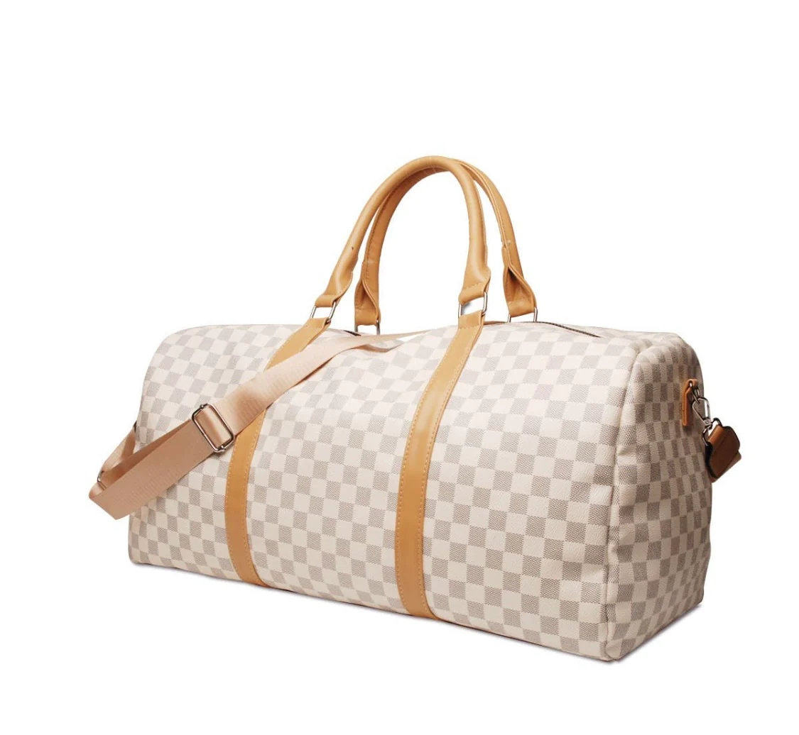 Beige Checkered Weekender Bag