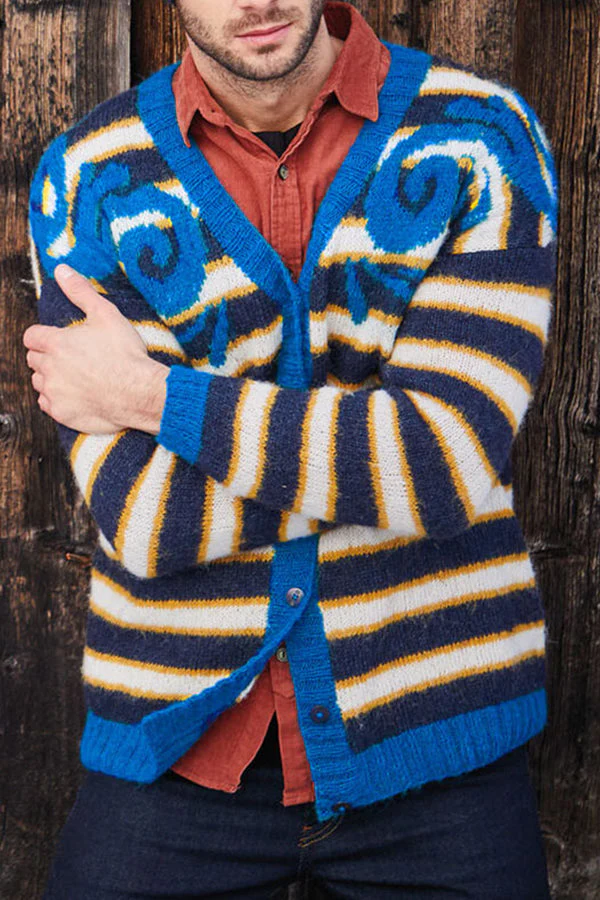 Men's V-Neck Jacquard Striped Cardigan Sweater