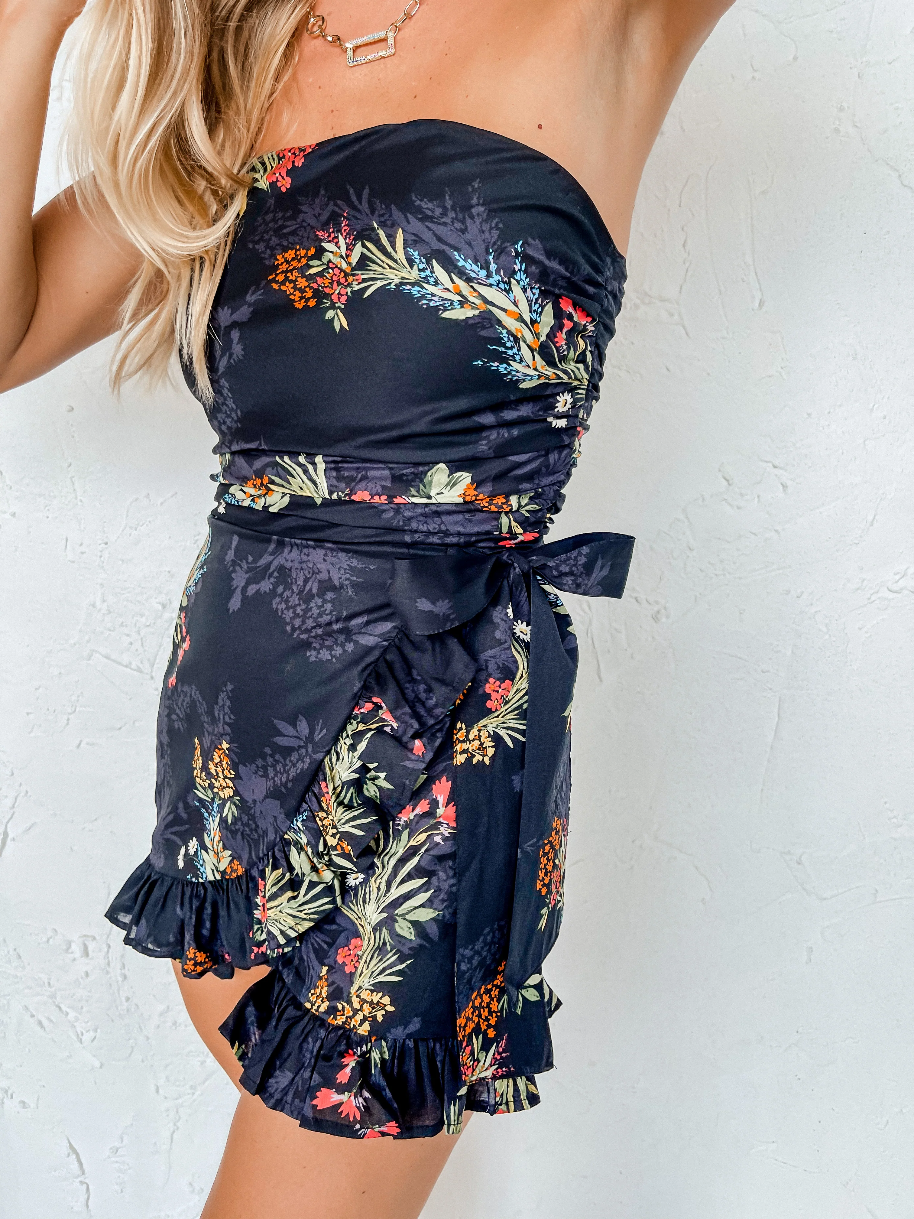 Dare To Indulge Floral Strapless Wrap Romper