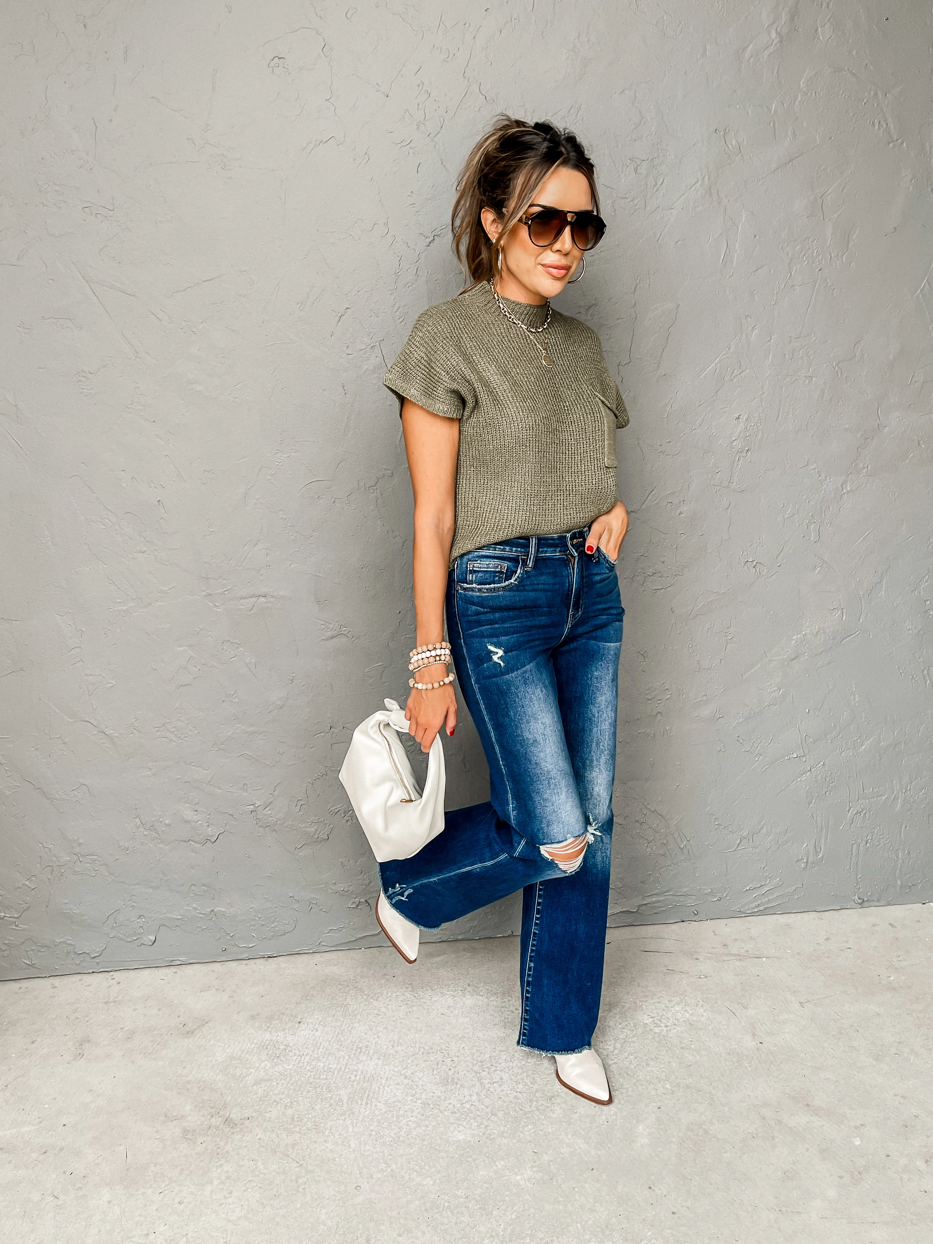 Hooked On You Short Sleeve Sweater-Olive