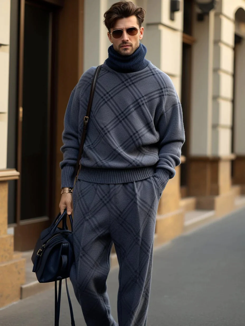 Winter Men's Navy Blue Tartan Thick Knitted