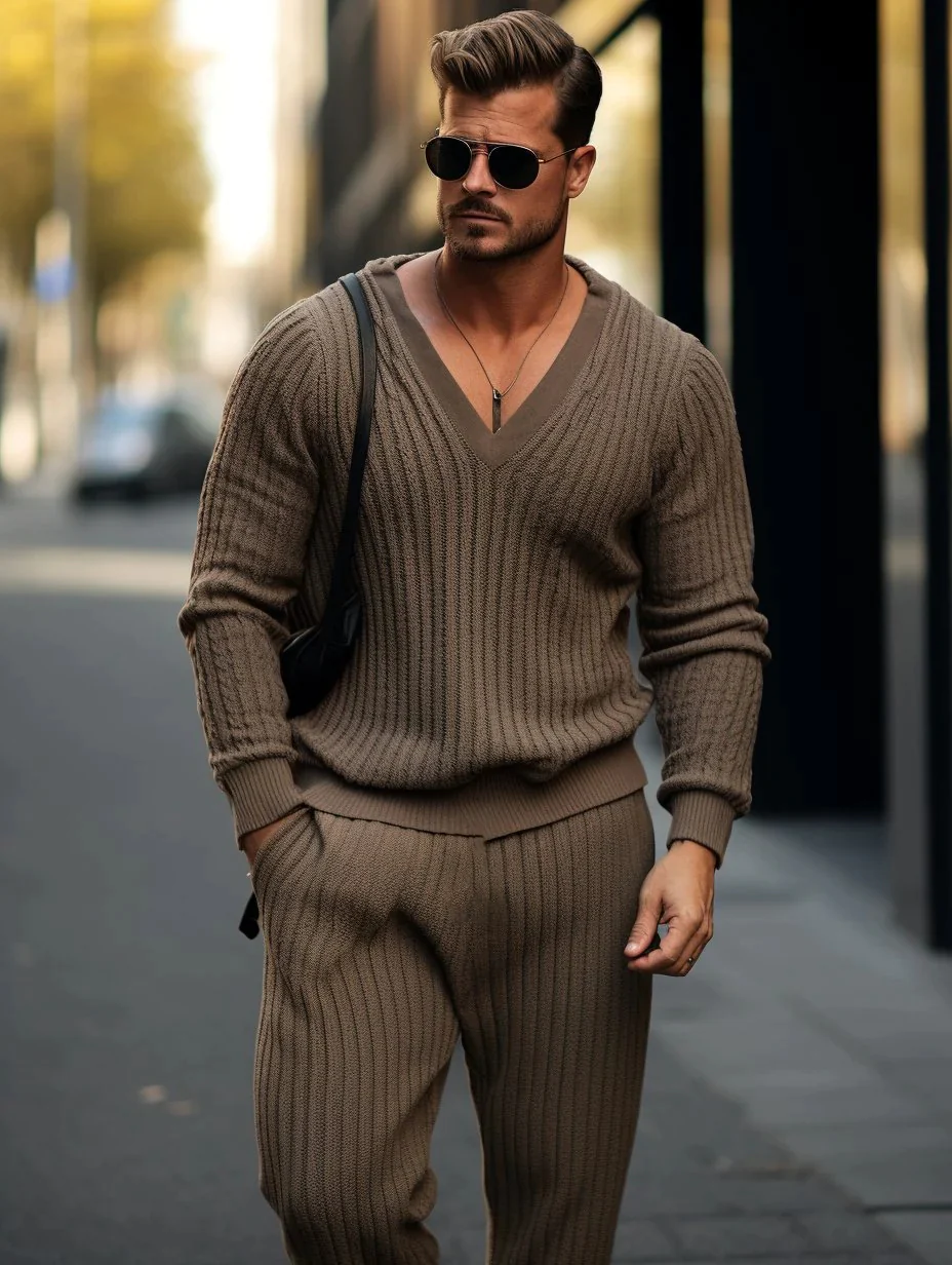 Men's V-Neck Knitted Sweater Set