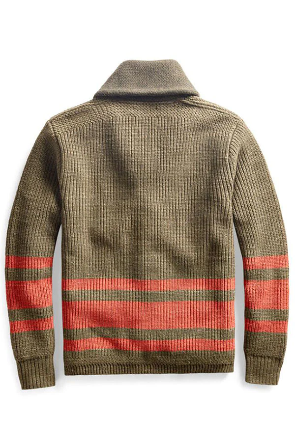 MEN'S STRIPED JACQUARD LAPEL ZIP KNIT CARDIGAN