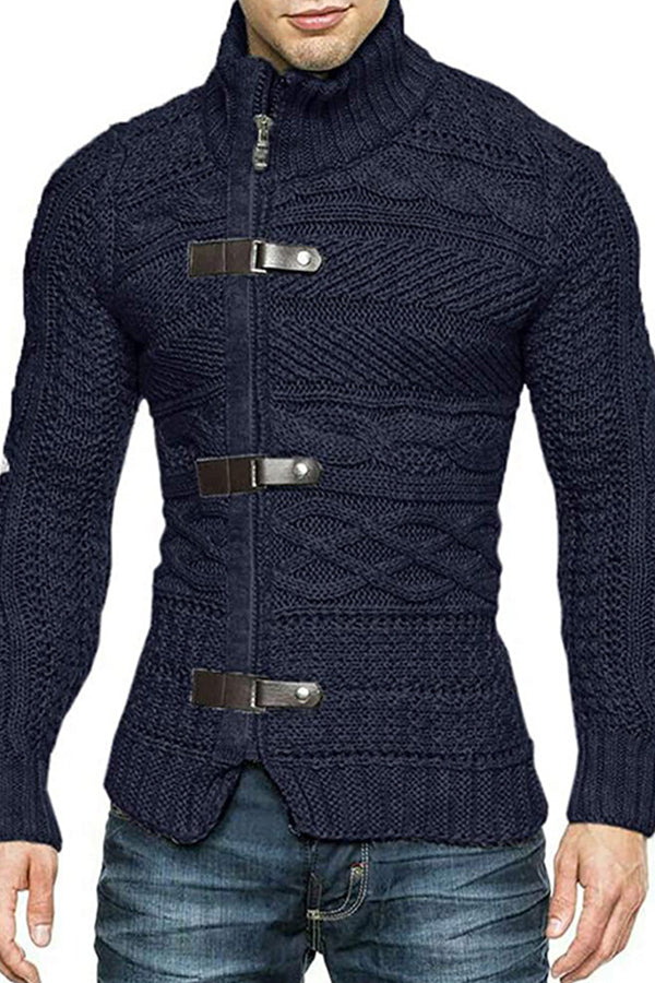 Men's Leather Button Long Sleeve Knit Cardigan Jacket