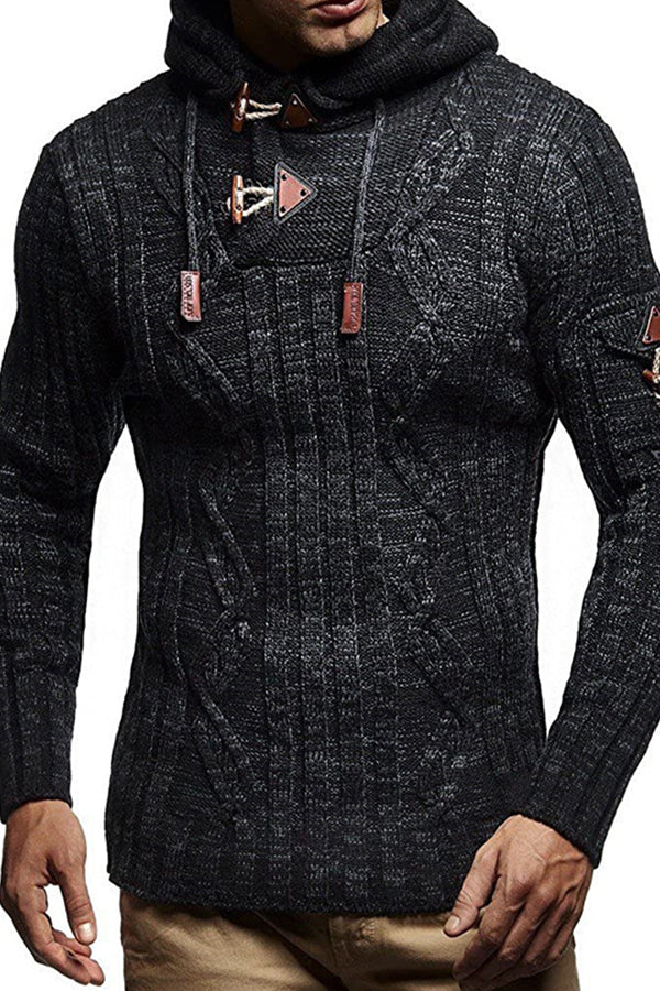 Men's Sweater Long Sleeve Slim Knit Pullover with Hooded Horn Button