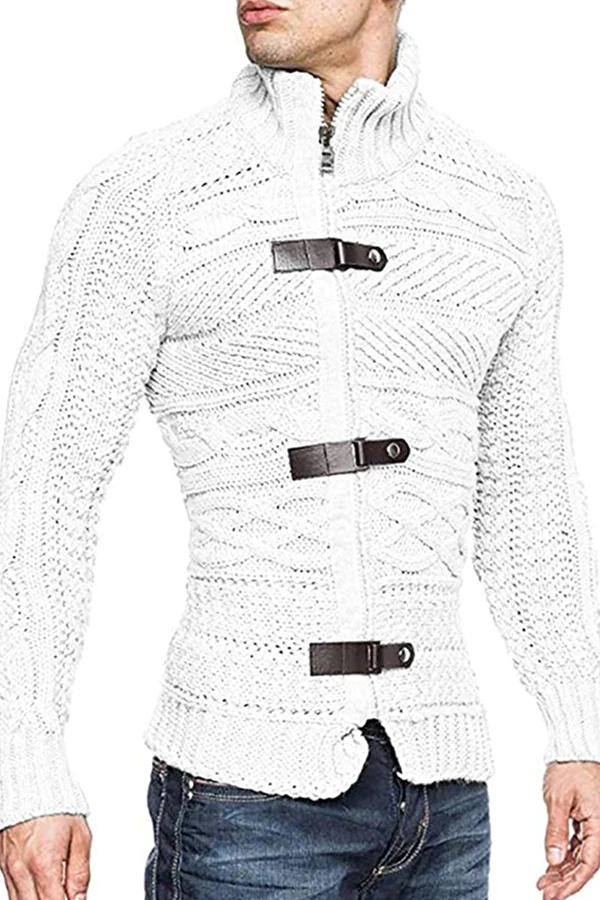 Men's Leather Button Long Sleeve Knit Cardigan Jacket