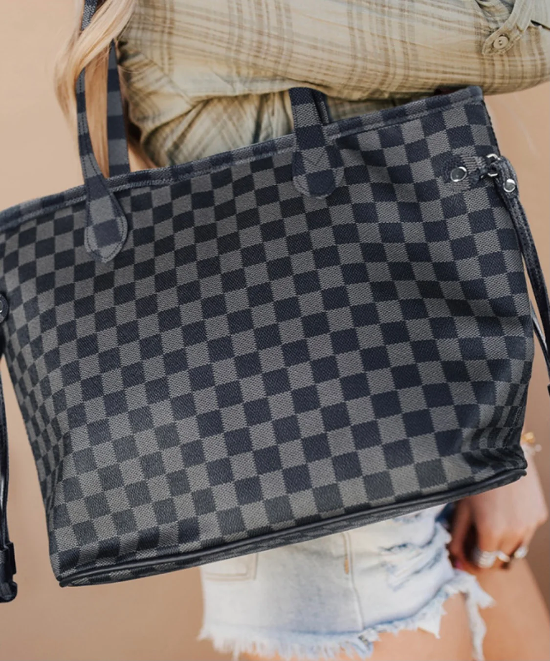 Gray Checked Tote Bag with Matching Purse