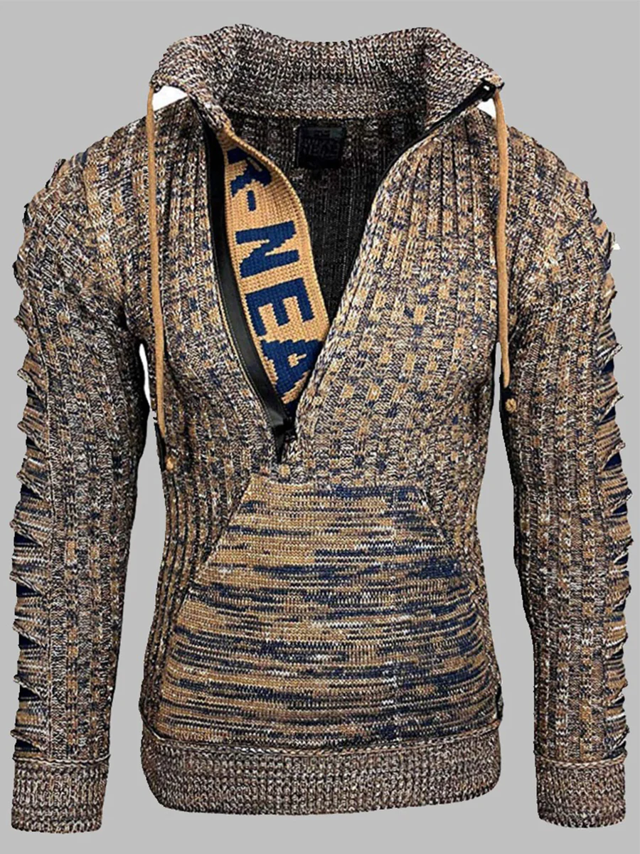 Stylish Letter Print Kangaroo Pocket Brown Men Sweater