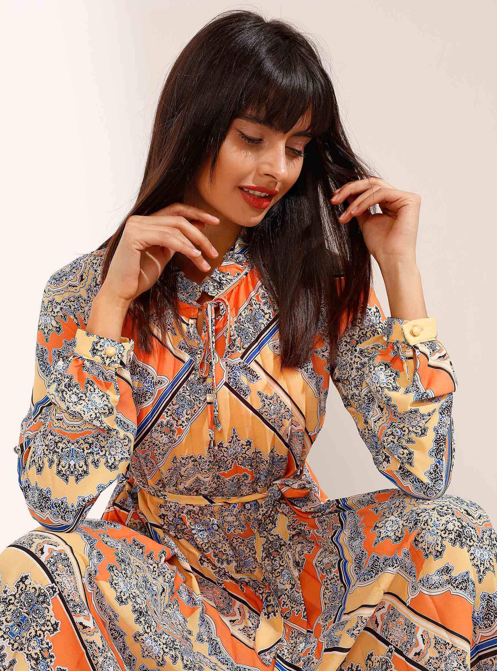 Orange and Yellow Pleated Elegant Patterned Maxi Dress