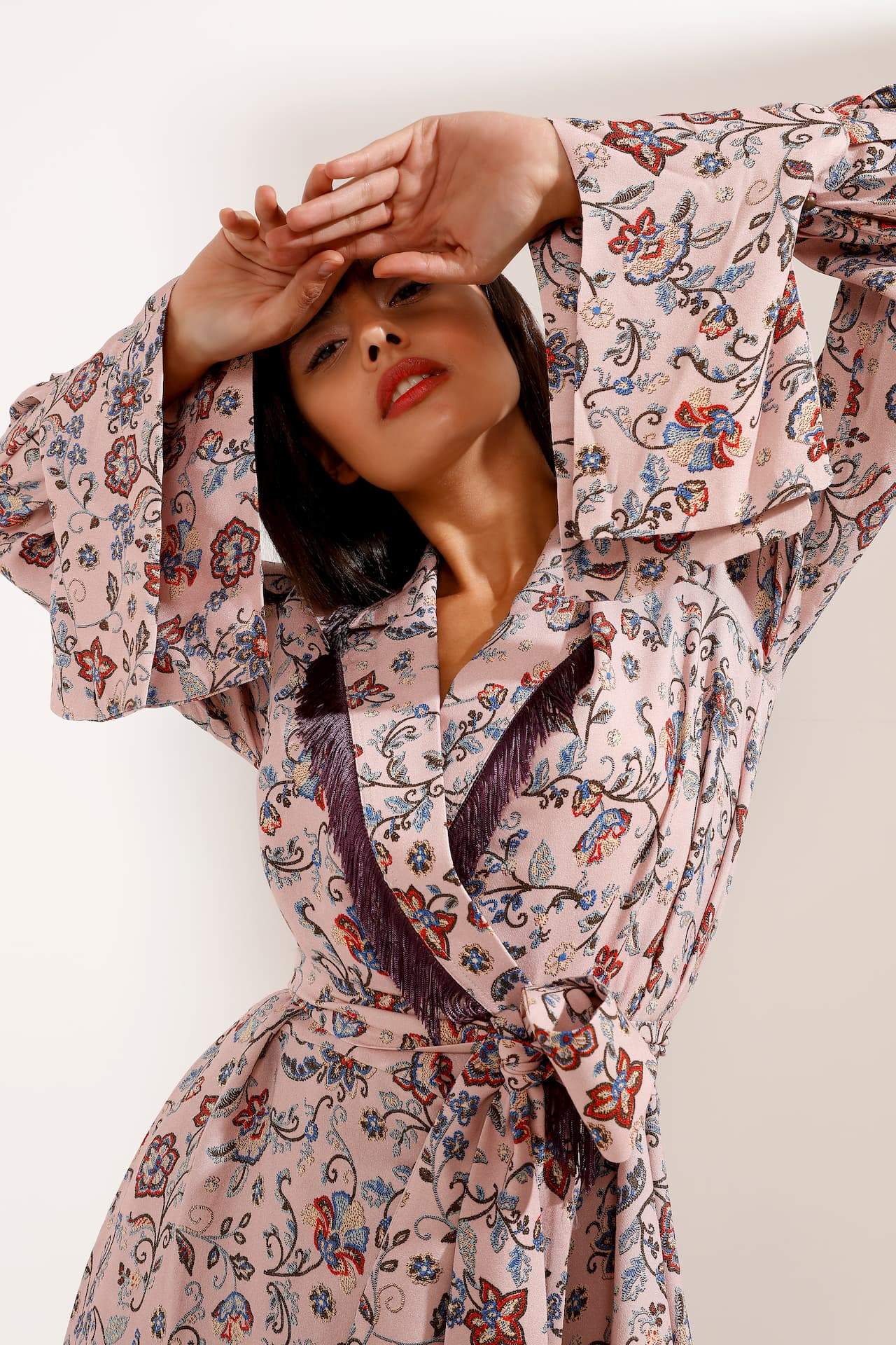 Pink Floral Maxi Dress with Tassel Collar and Belt