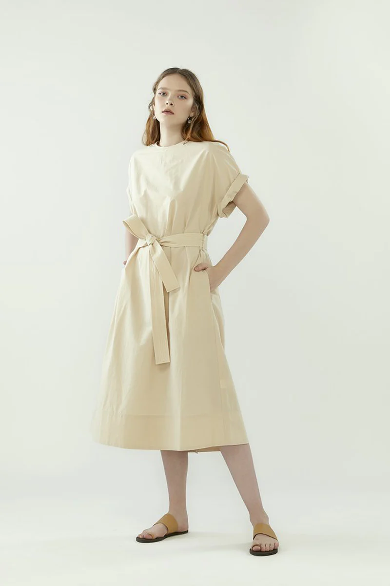 Back Wrap Dress with Belt - Oatmeal