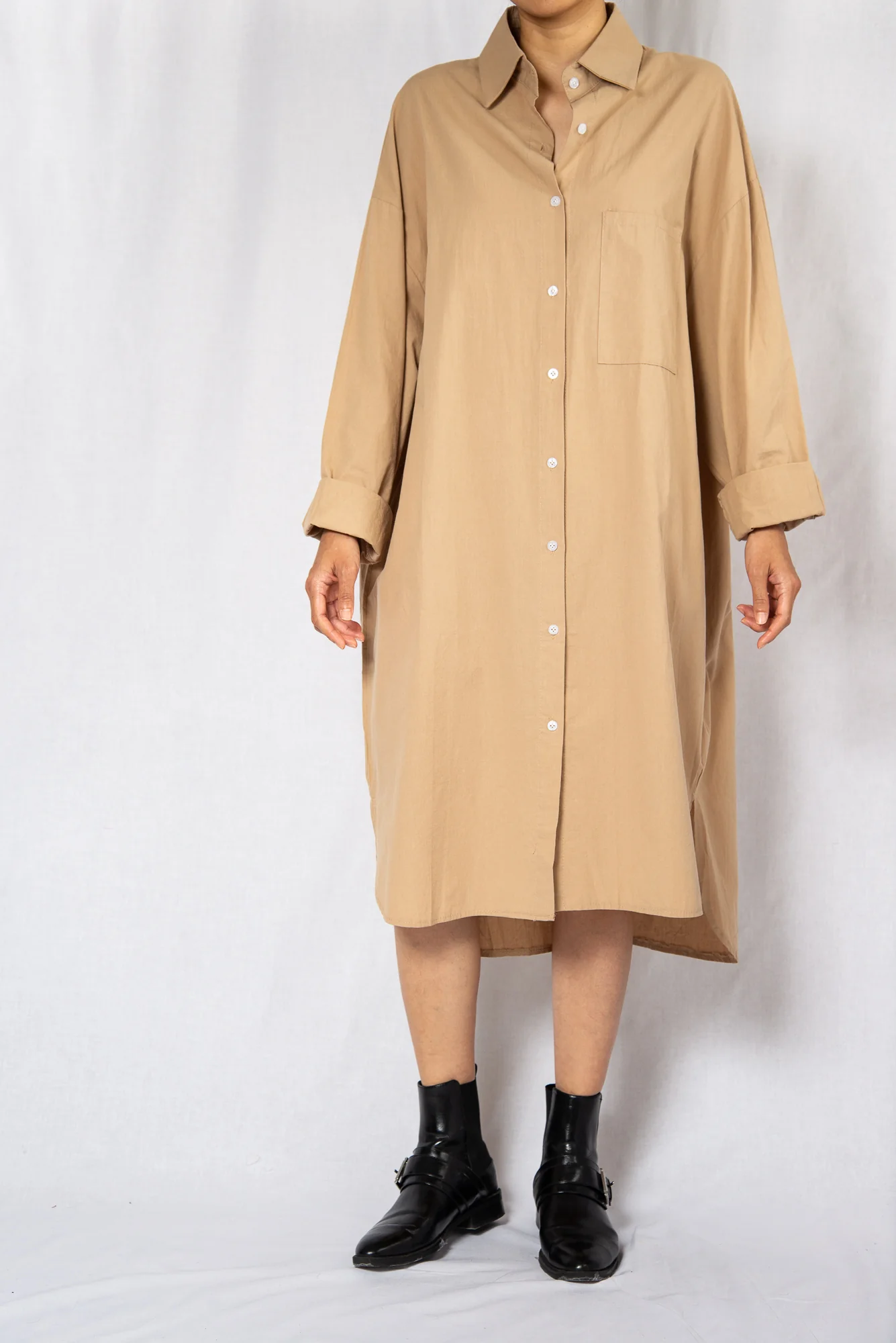 Beige Loose Midi Shirt Dress with Long Sleeves