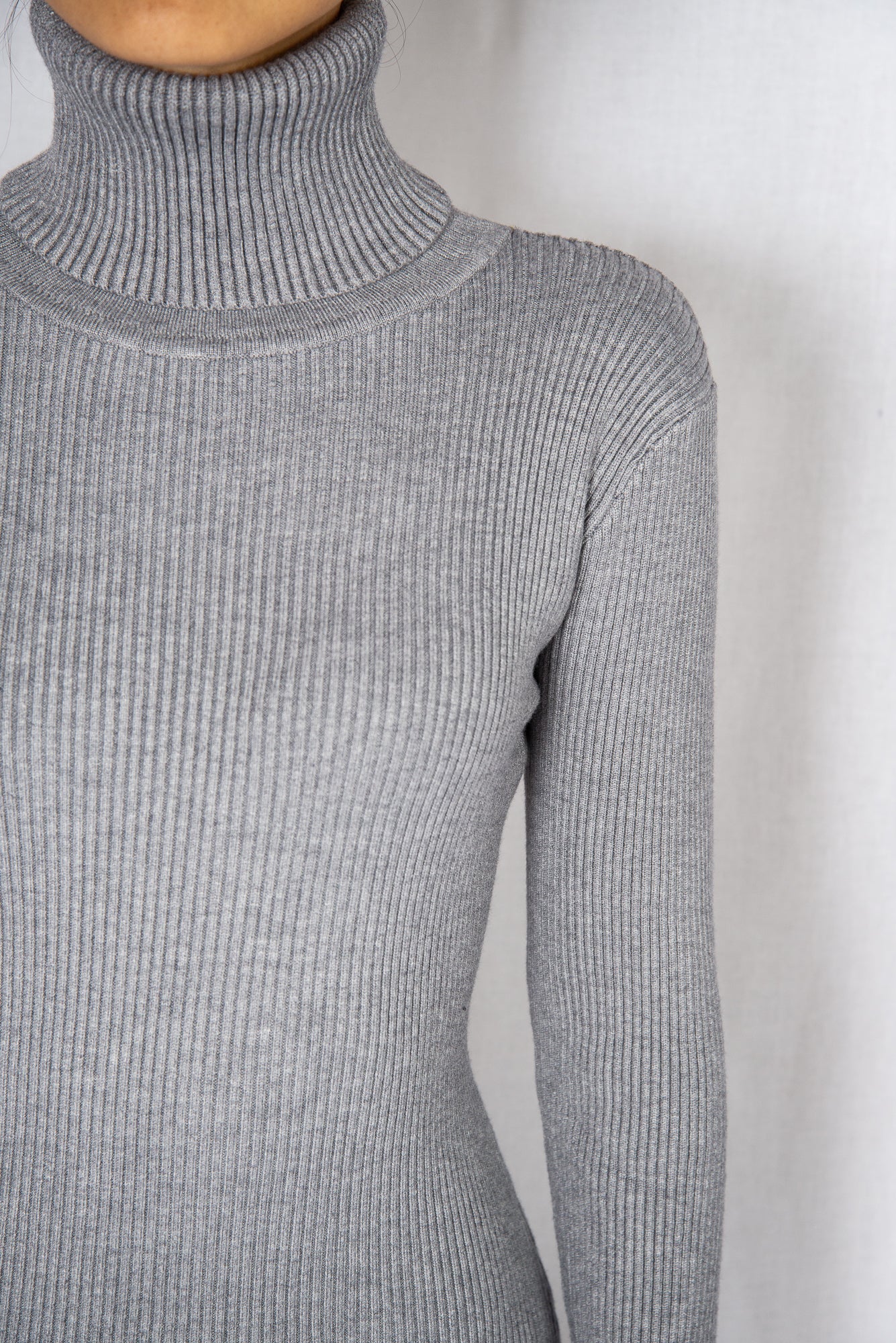 Grey Rib High Neck Long Sleeves Midi Dress