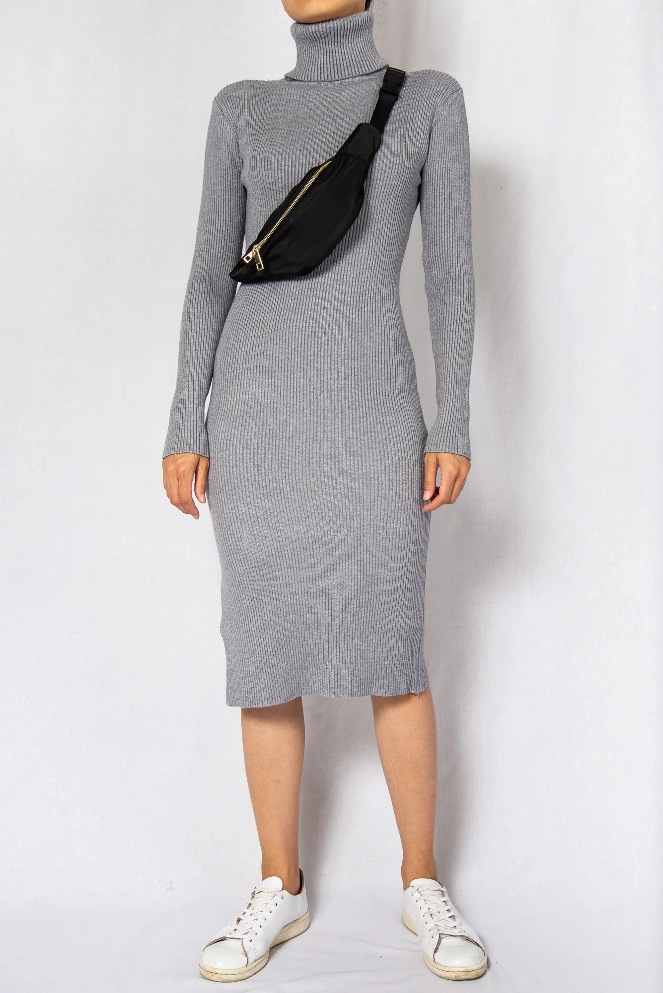 Grey Rib High Neck Long Sleeves Midi Dress