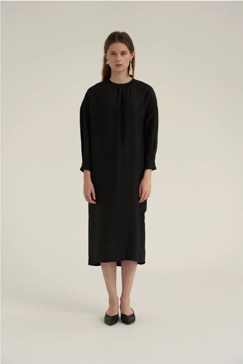 Shirring Neck Comfort Dress Black