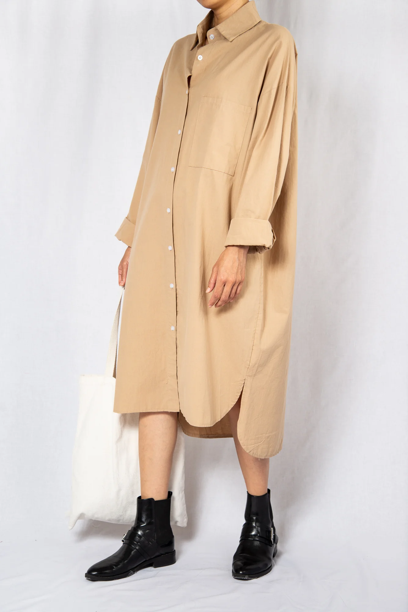 Beige Loose Midi Shirt Dress with Long Sleeves