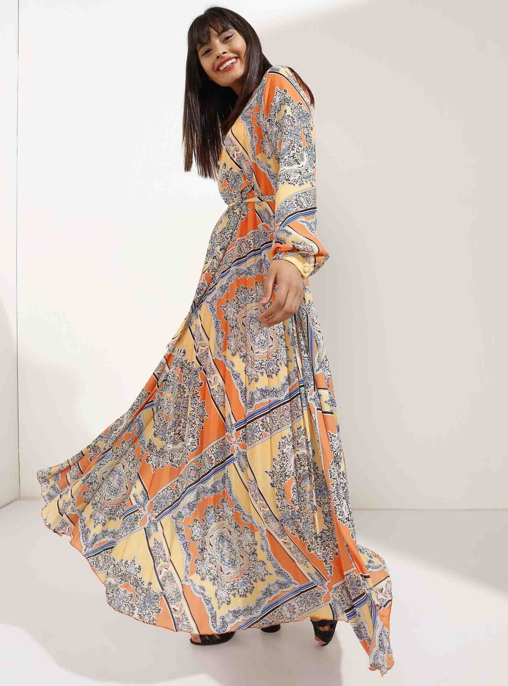 Orange and Yellow Pleated Elegant Patterned Maxi Dress