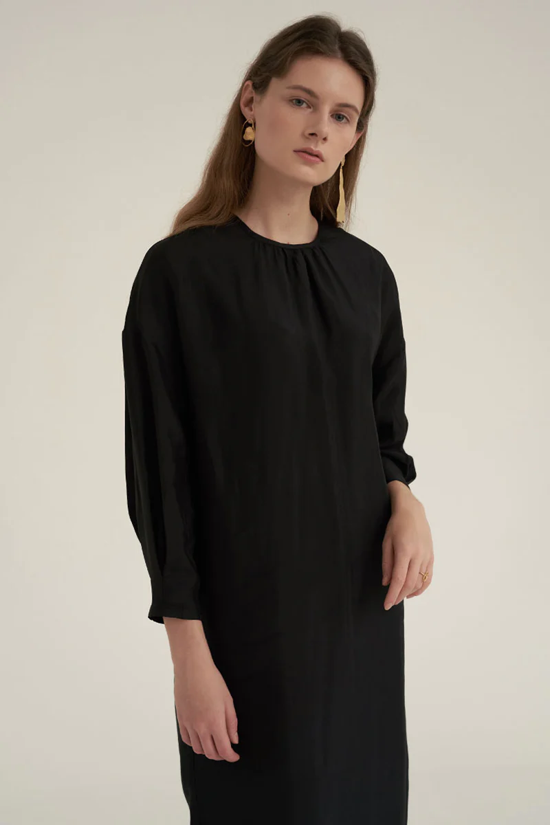 Shirring Neck Comfort Dress Black
