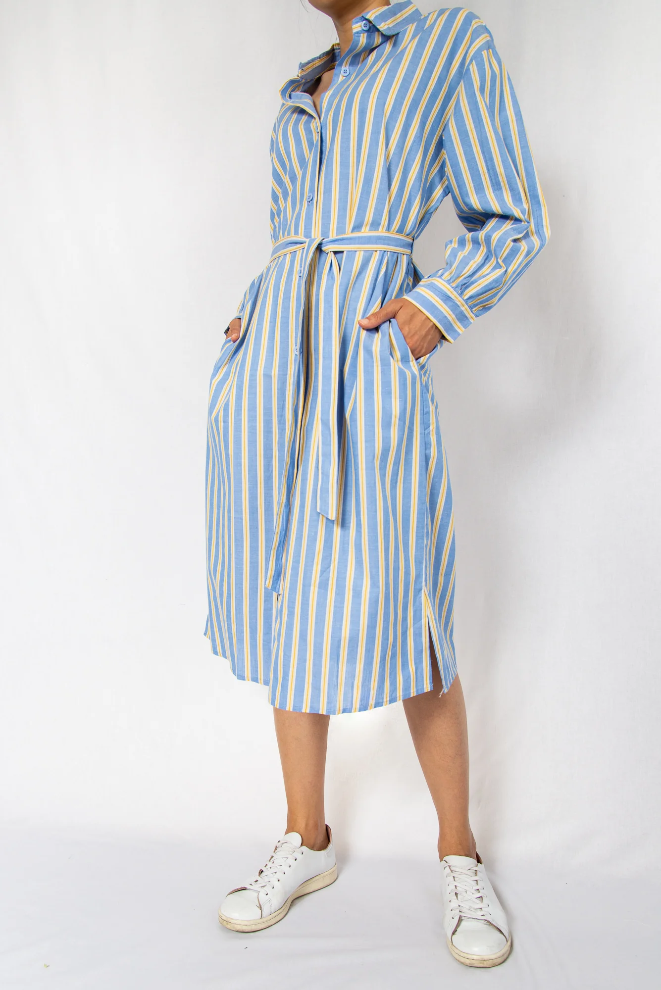 Blue Stripe Midi Shirt Dress with Sash