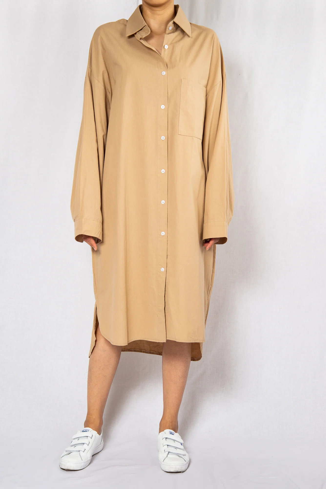 Beige Loose Midi Shirt Dress with Long Sleeves
