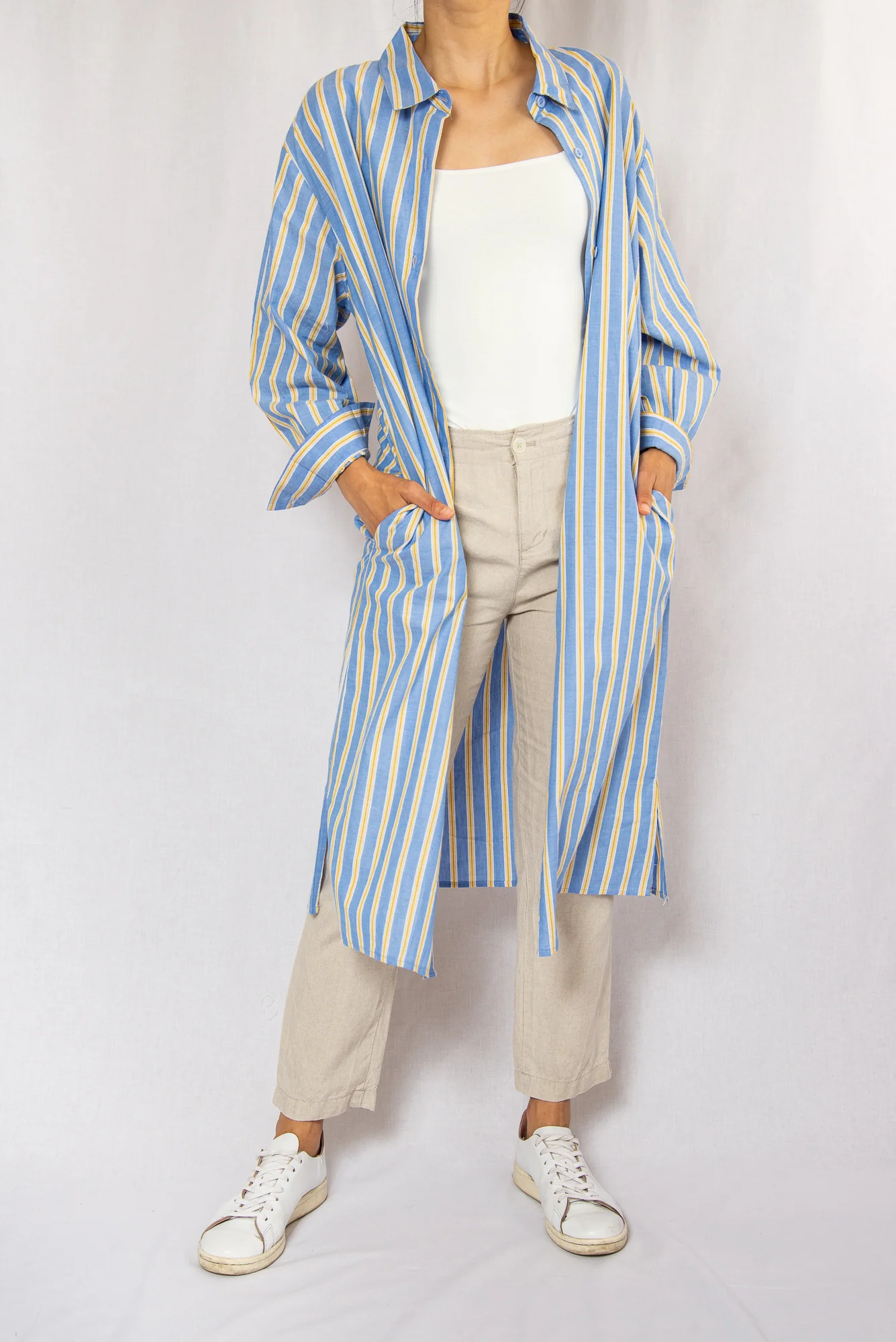 Blue Stripe Midi Shirt Dress with Sash