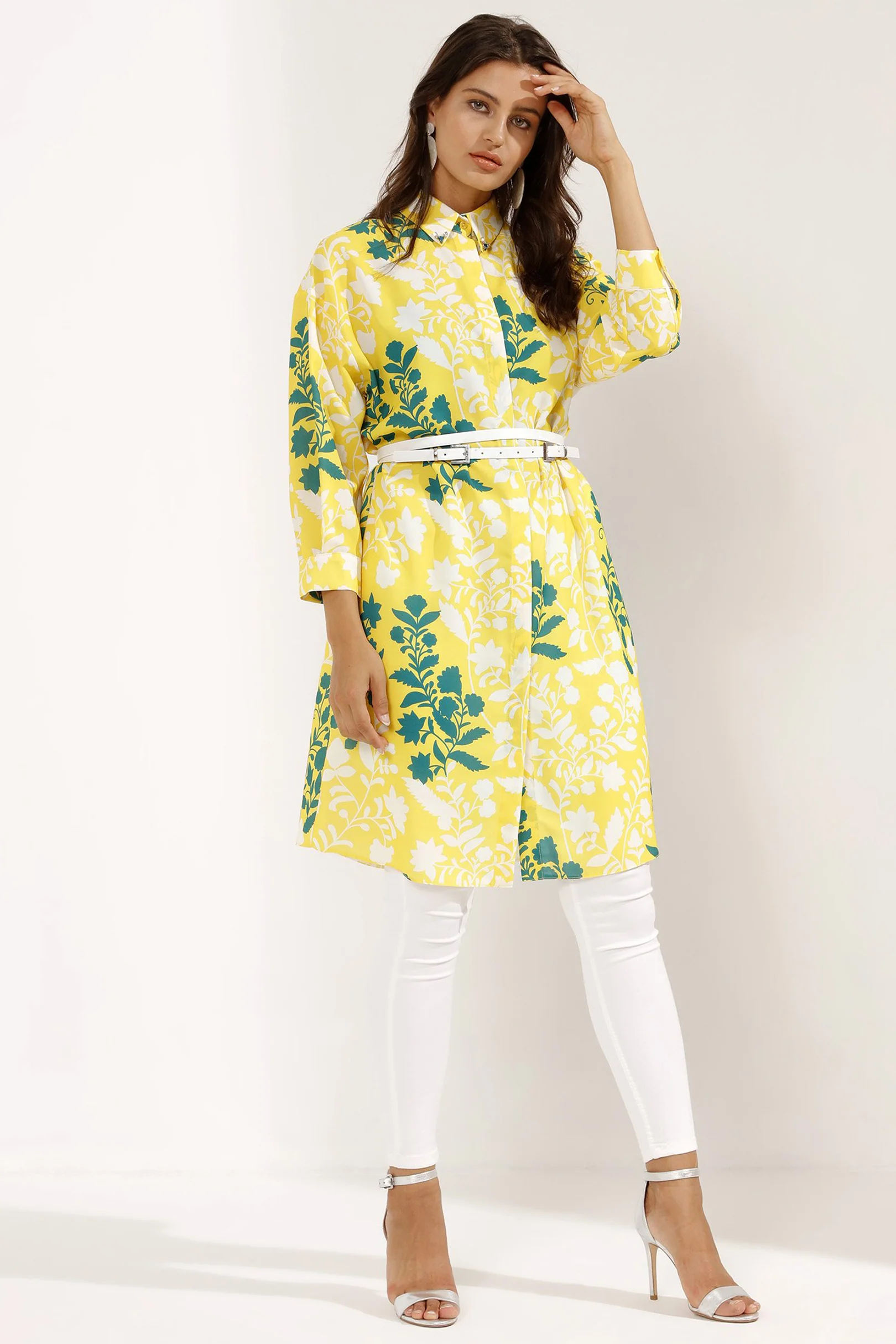 Yellow Belted Stone Collar Details Midi Dress