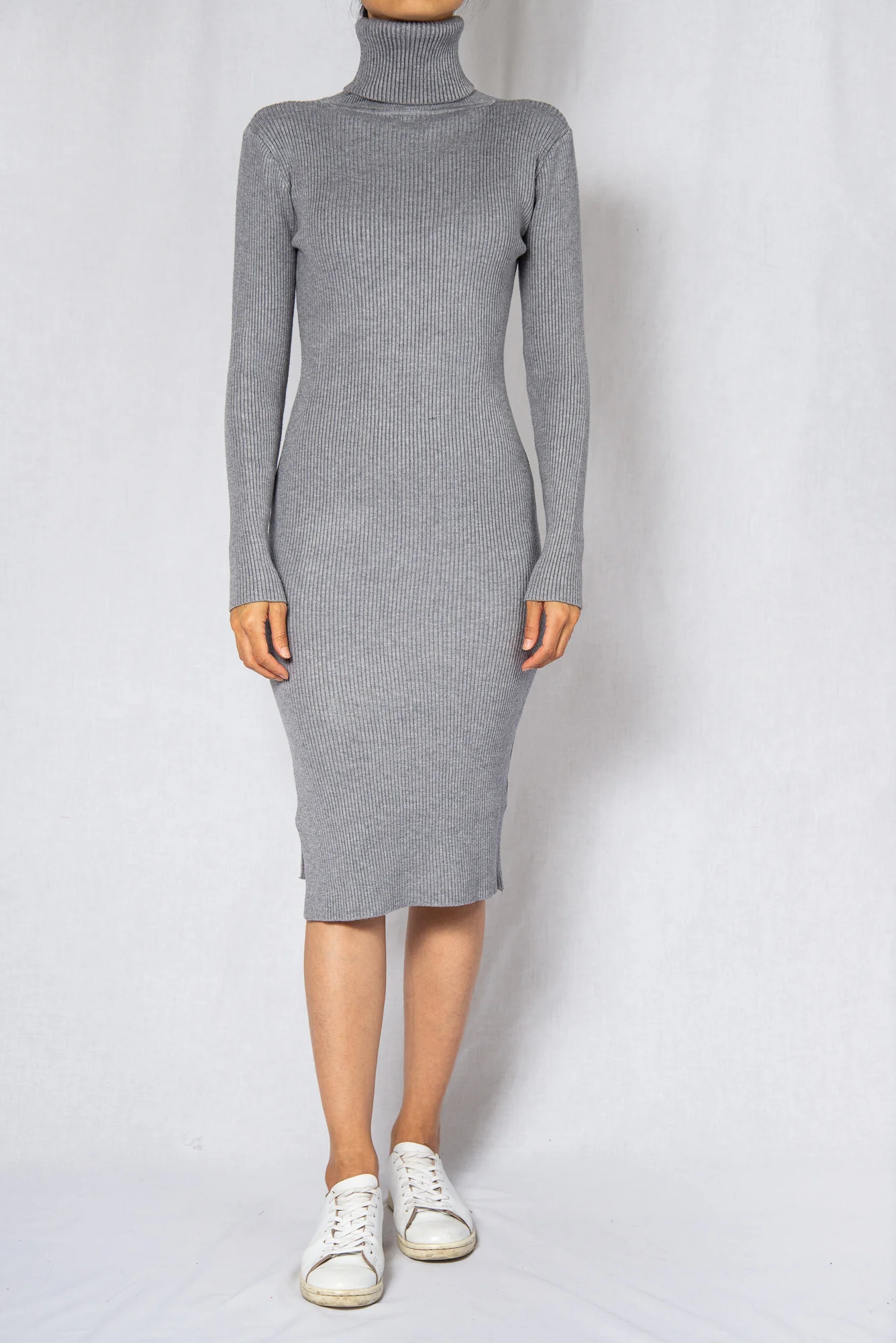 Grey Rib High Neck Long Sleeves Midi Dress