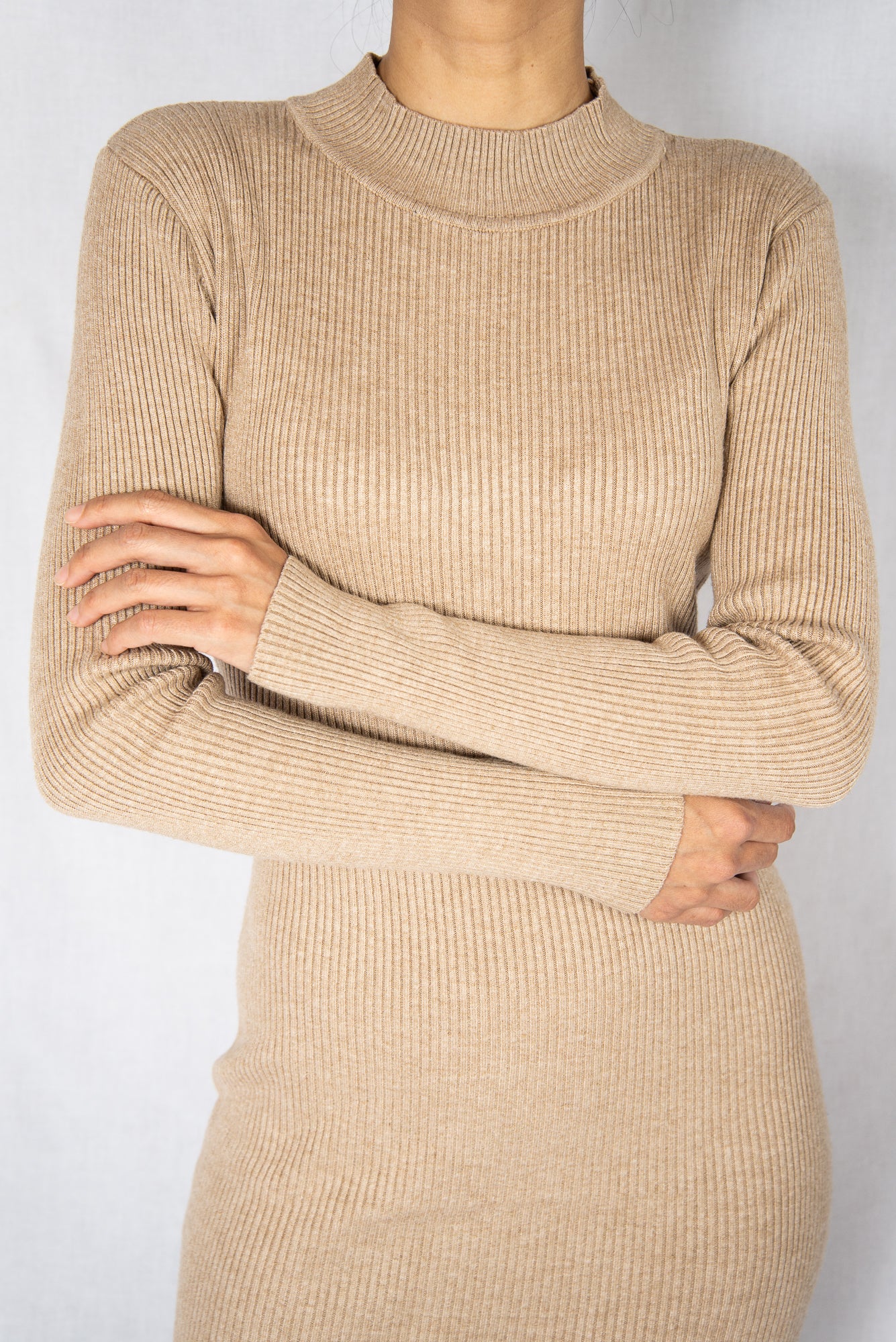 Beige Rib Long Sleeves Midi Dress