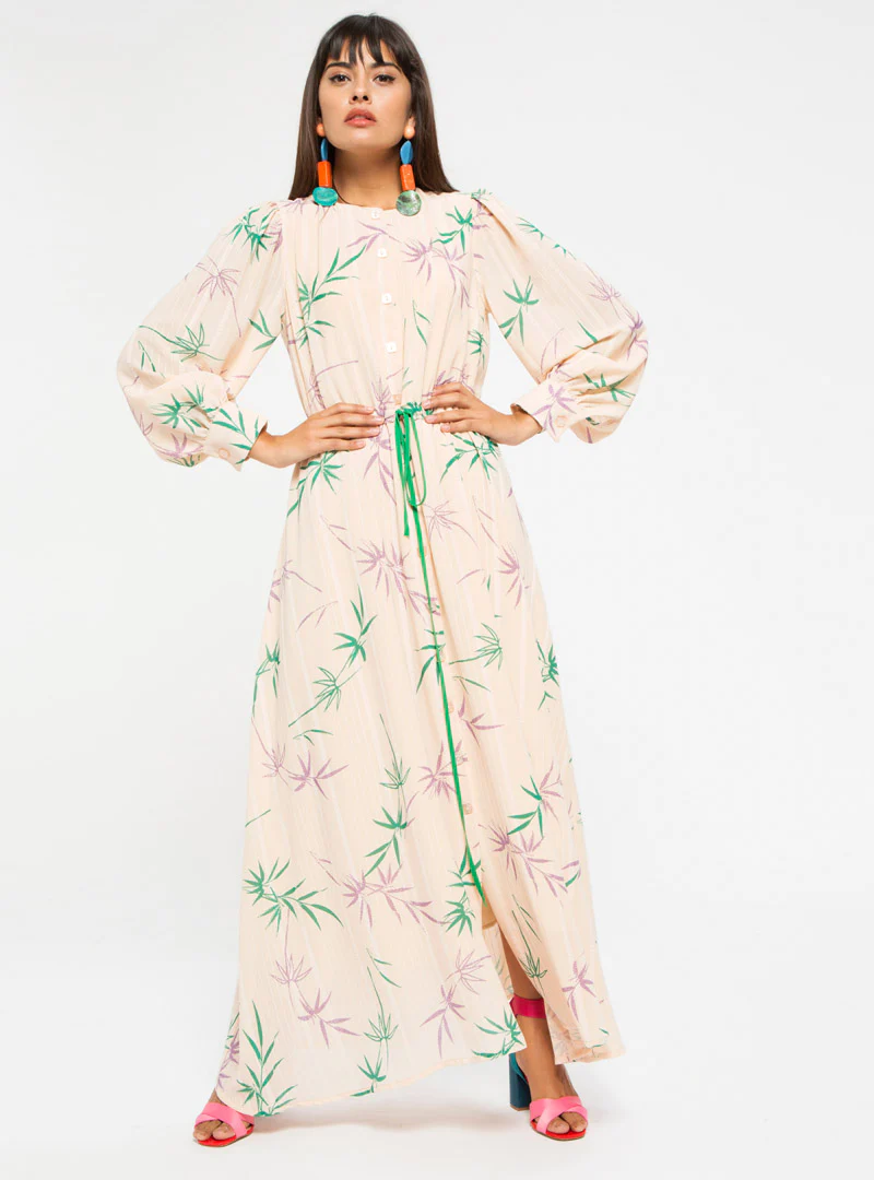 Leaf Print Dress with Belt