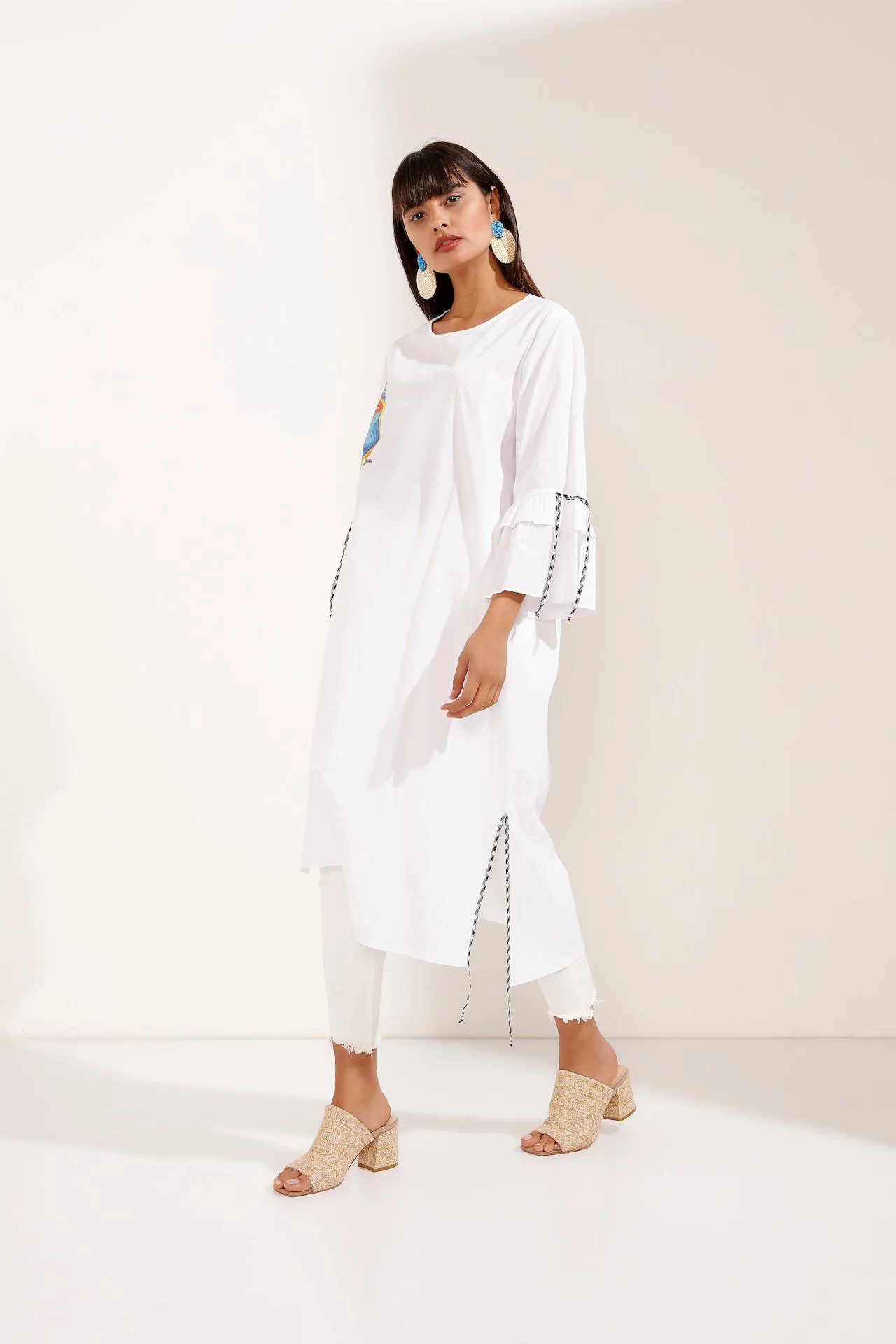 Long Sleeve White Dress with Parrot Design