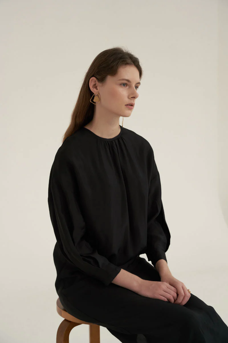 Shirring Neck Comfort Dress Black