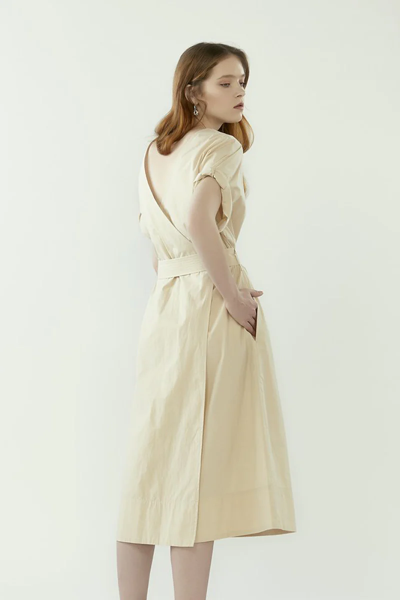 Back Wrap Dress with Belt - Oatmeal