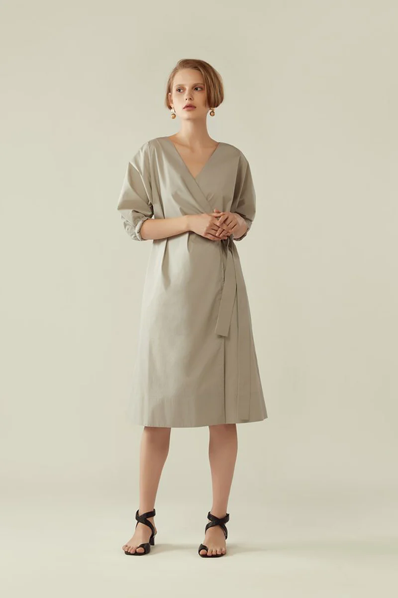 Wrap Dress with Cocoon Sleeve - Earl Grey
