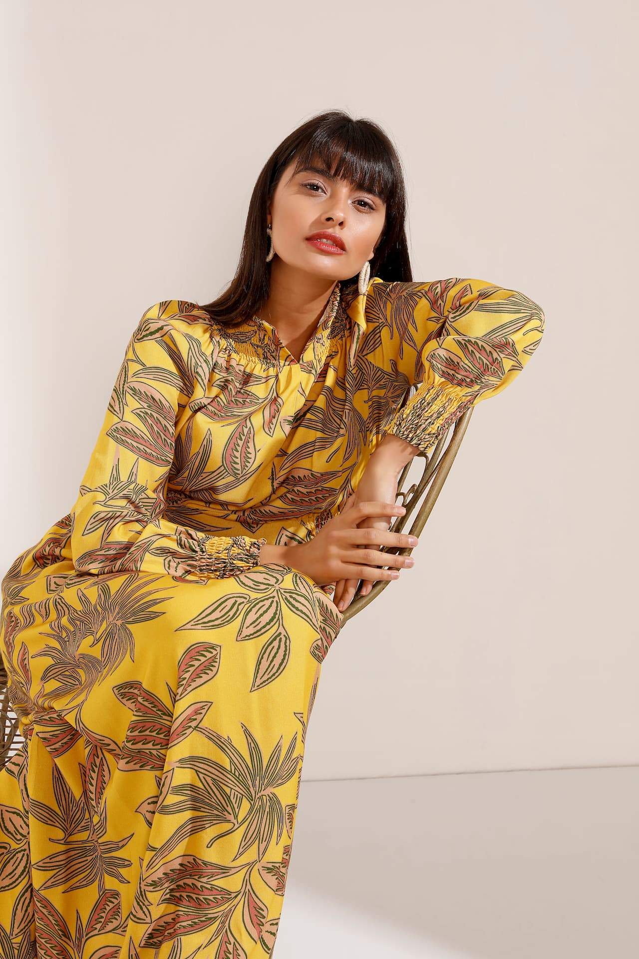 Leafy Print Maxi Dress with Elasticated Fitted Waist