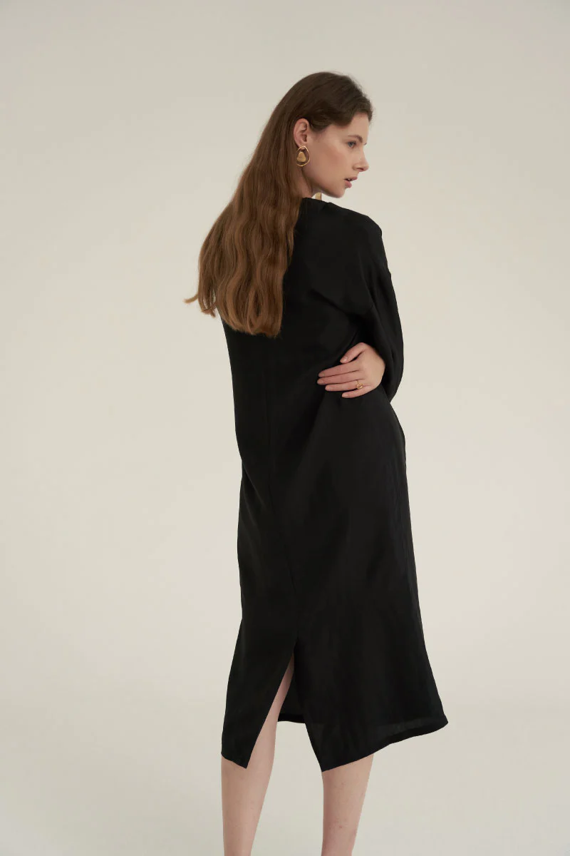 Shirring Neck Comfort Dress Black
