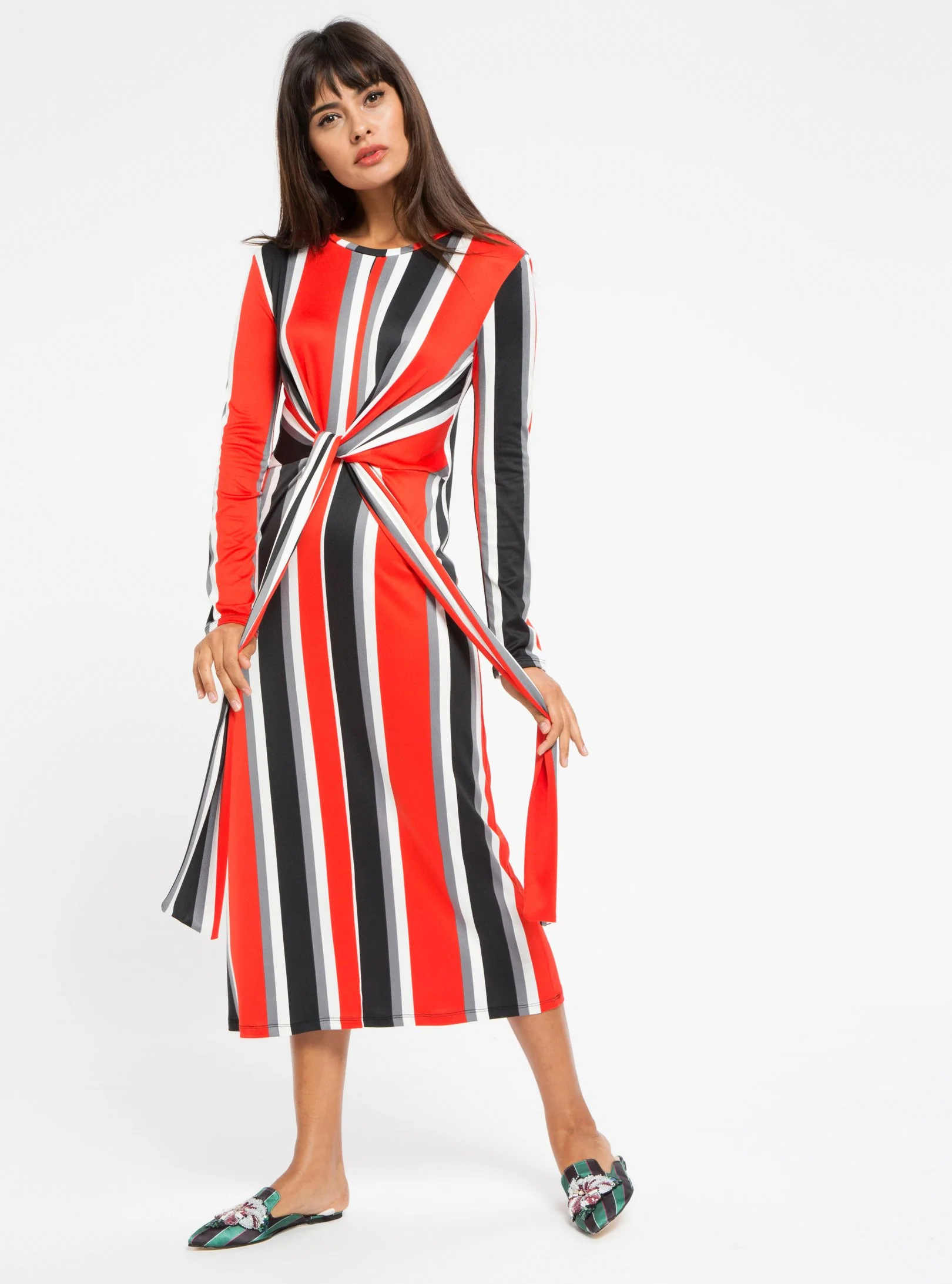 Red Tie Front Stripe Midi Dress