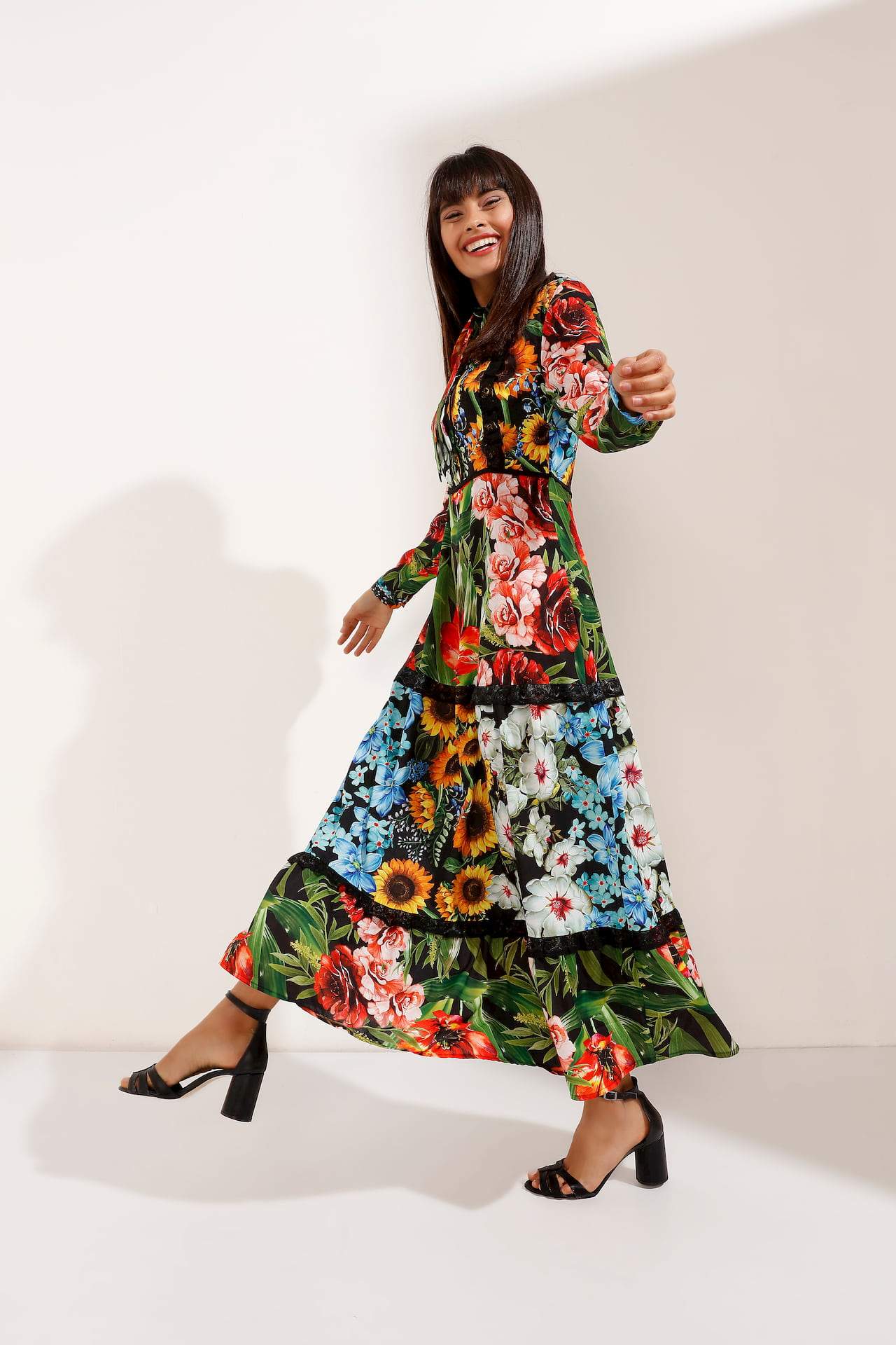 Multi-Colour Floral Pattern Maxi Dress