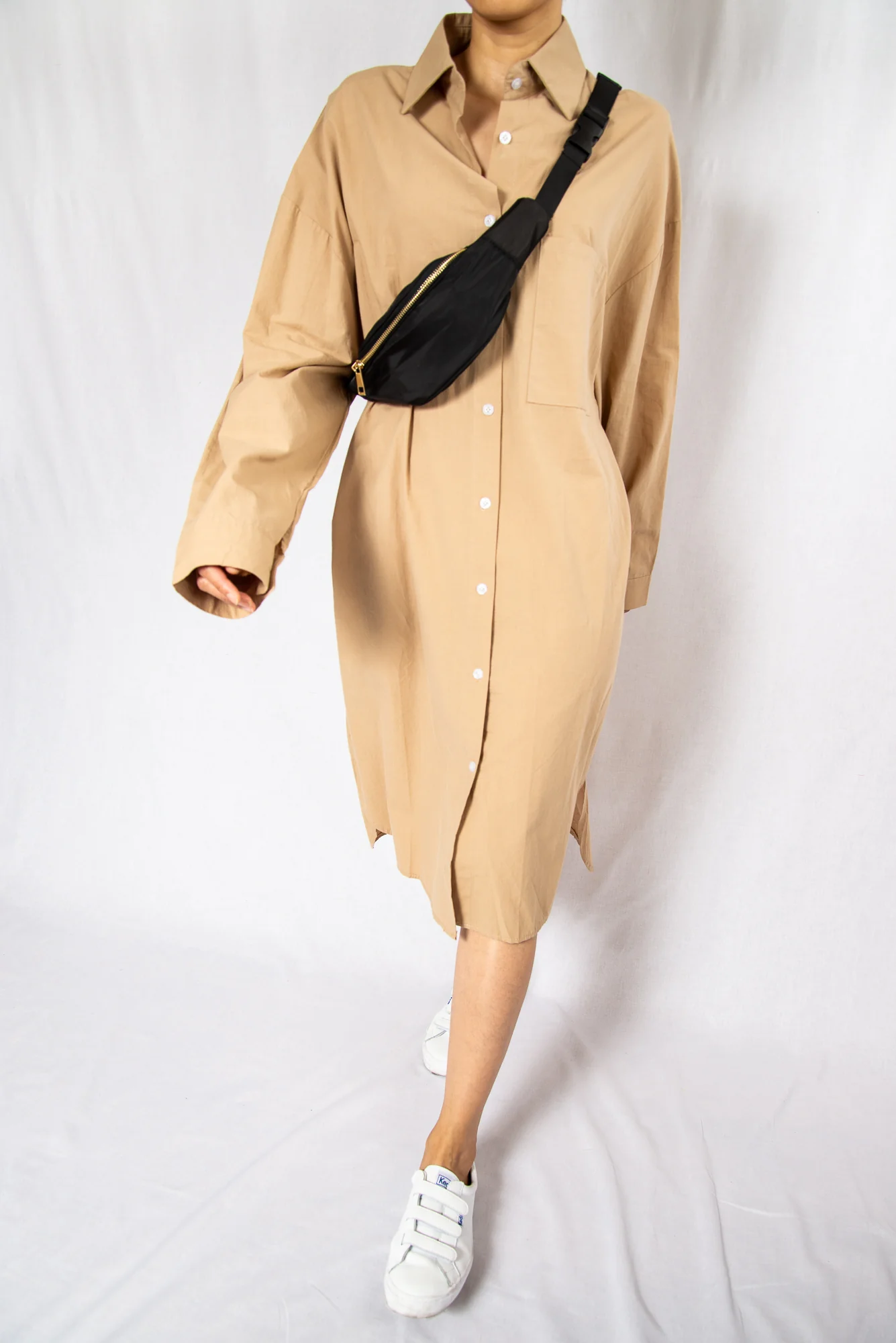 Beige Loose Midi Shirt Dress with Long Sleeves
