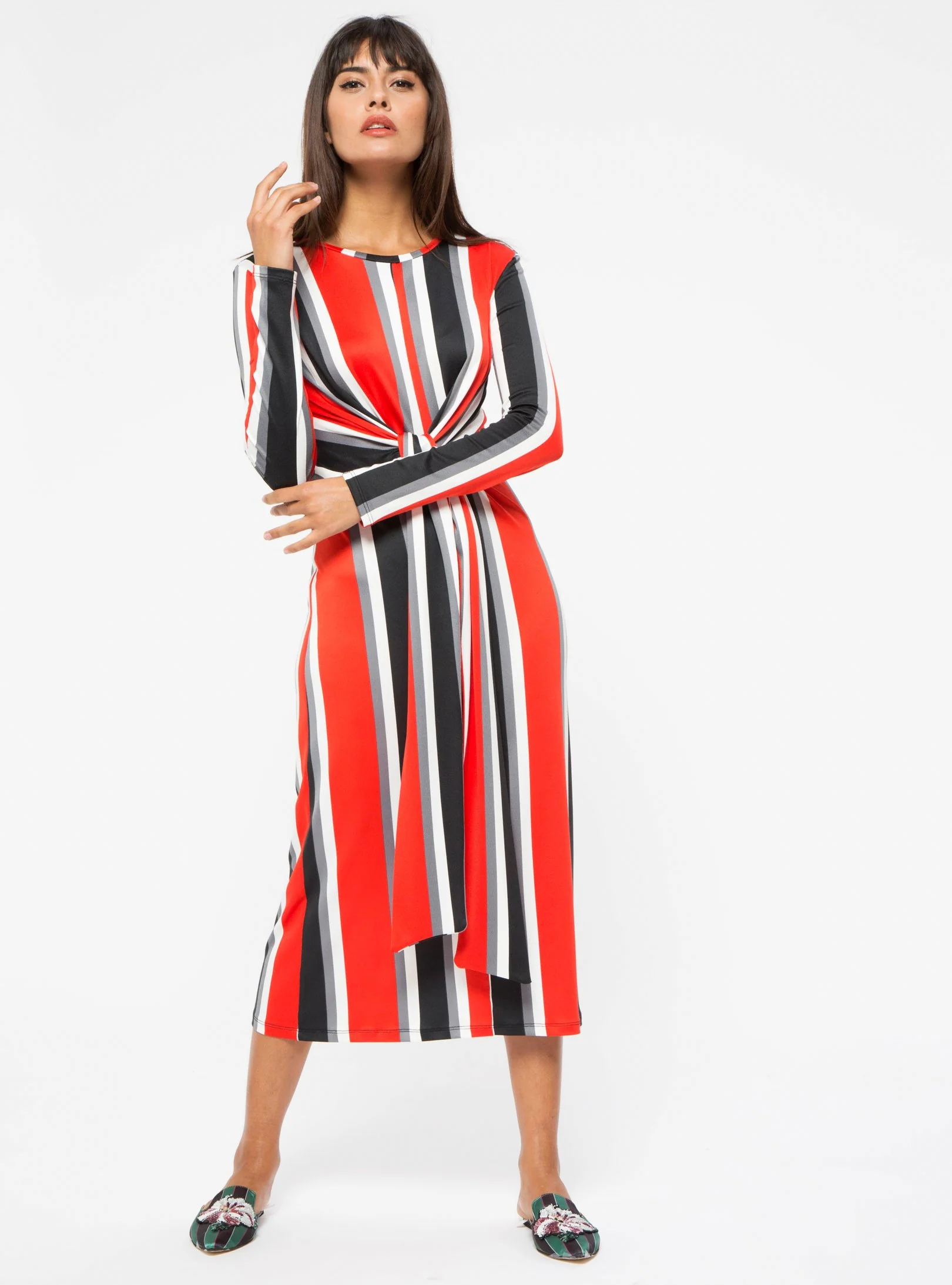 Red Tie Front Stripe Midi Dress