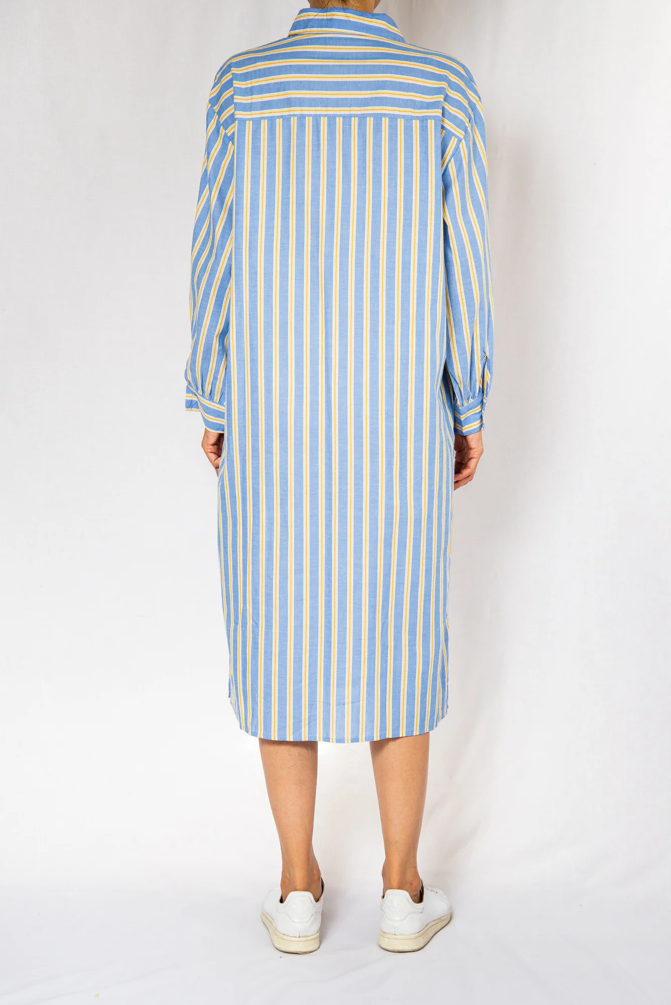 Blue Stripe Midi Shirt Dress with Sash