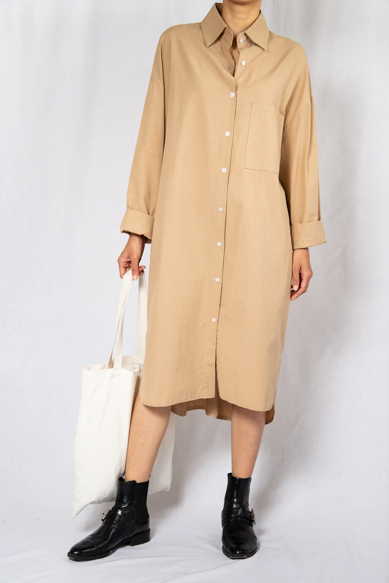 Beige Loose Midi Shirt Dress with Long Sleeves