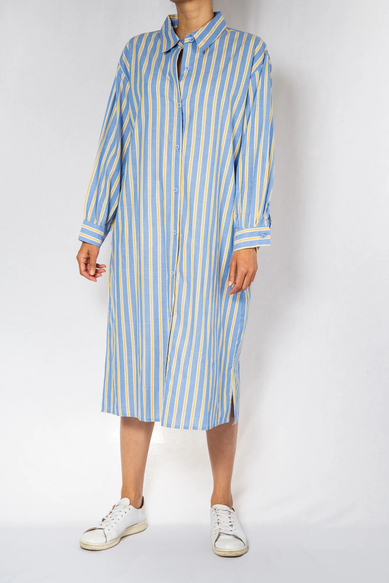 Blue Stripe Midi Shirt Dress with Sash