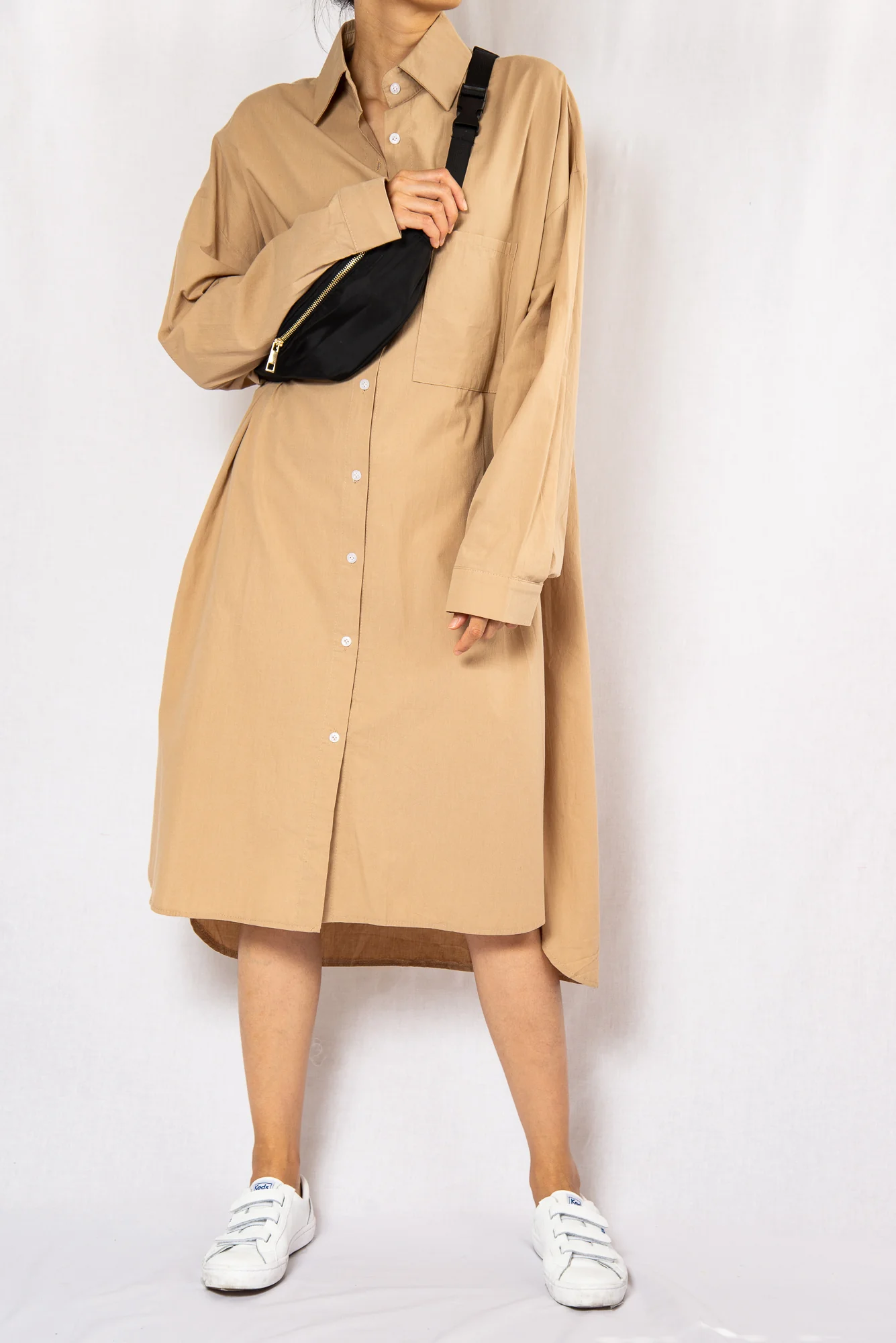Beige Loose Midi Shirt Dress with Long Sleeves
